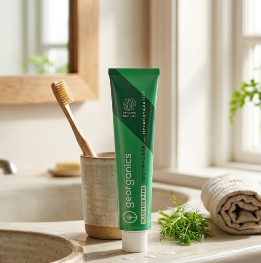 Georganics fennel toothpaste with hydroxyapatite in a recyclable tube on a bathroom countertop with a bamboo toothbrush, fluoride-free natural oral care